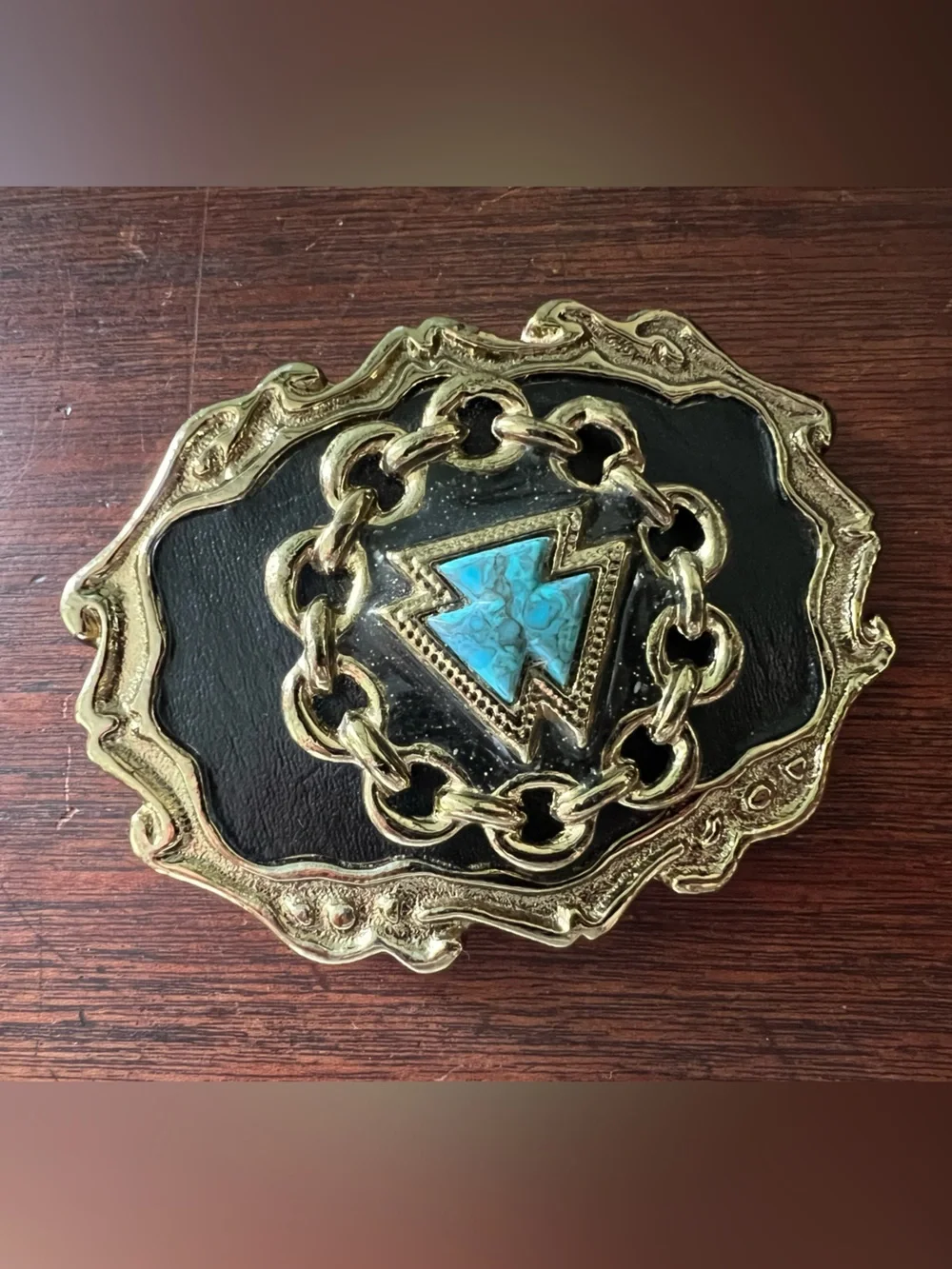 Vintage Southwestern Turquoise Inlay Belt Buckle Gold Tone - Western USA